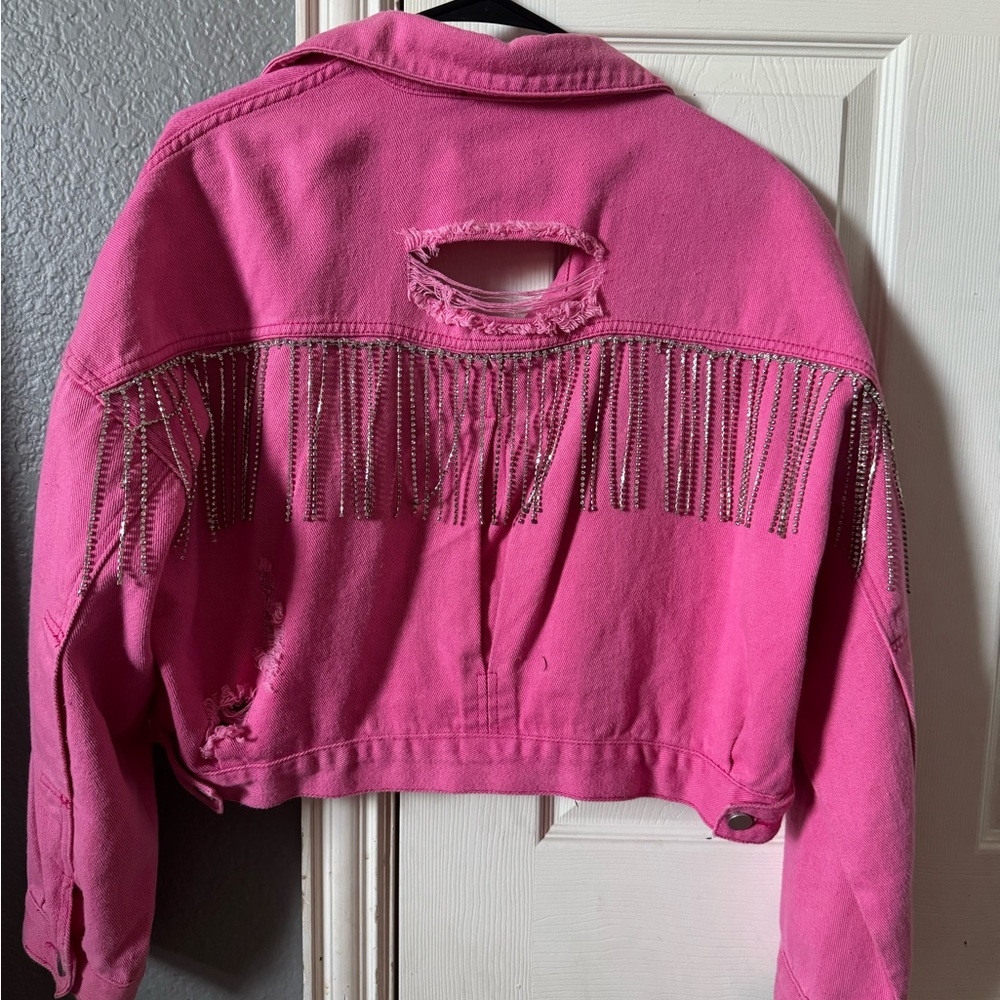 Pink Denim Jacket W Rhinestones Distressed - Picture 2 of 4